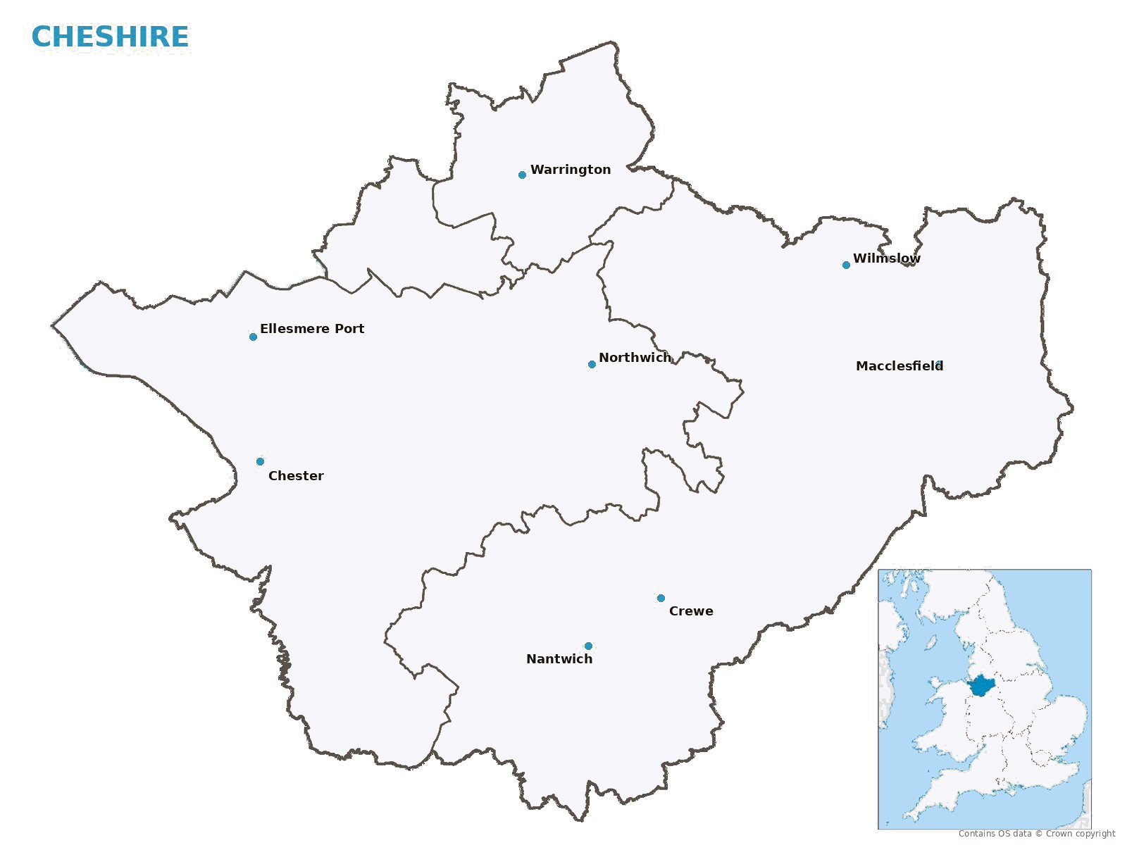 Map of Cheshire, showing Chester, Crewe, Macclesfield and neighbouring towns
